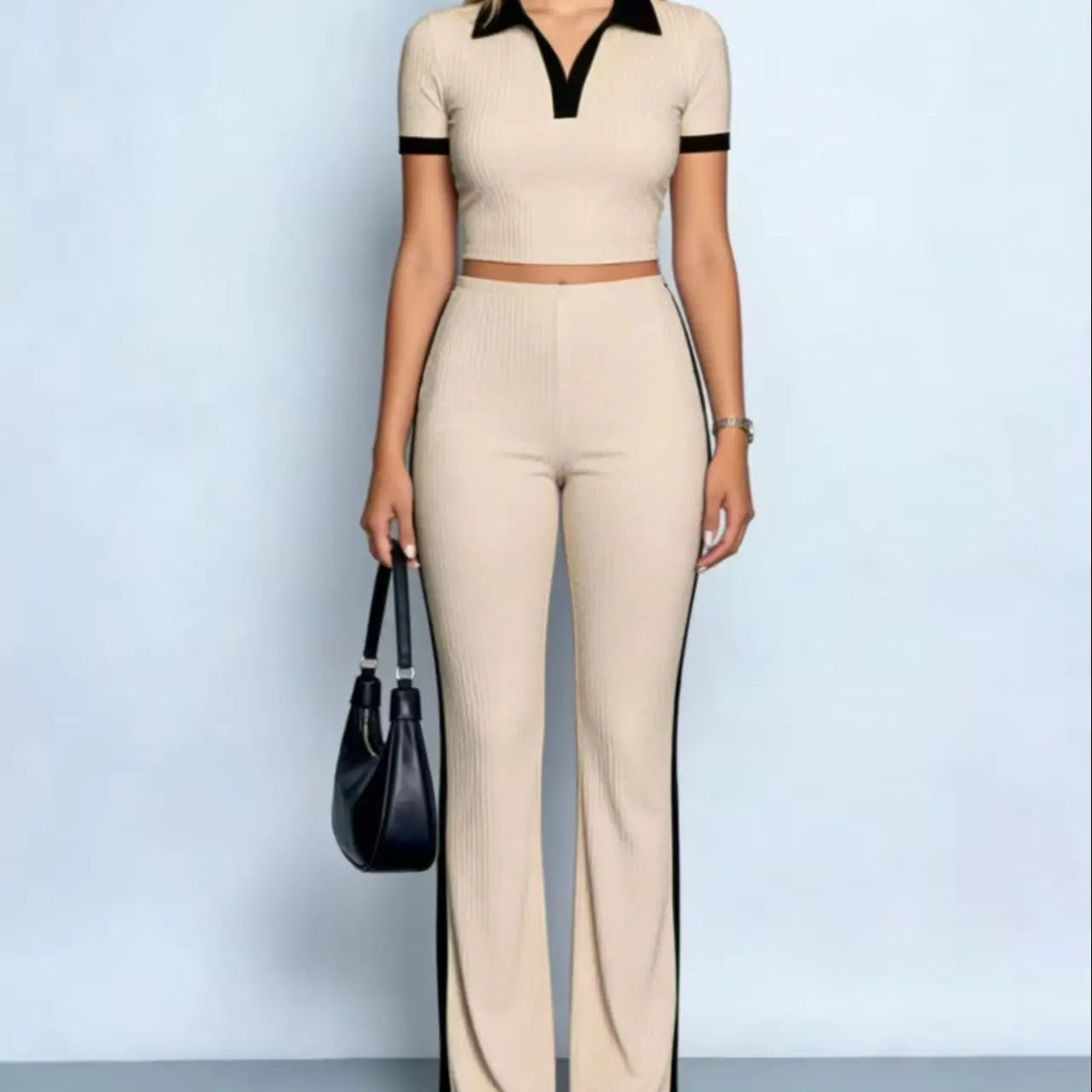 2026 Polo Neck Color Block Knitted Short Top High Waist Wide Leg Pants Set Two-Piece Set Striped Pattern Casual Wear