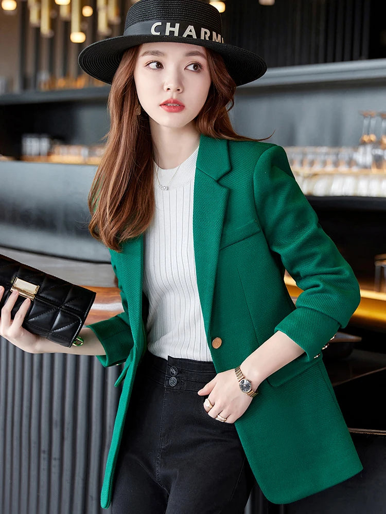 Fashion Ladies Blazer Women Green Black Khaki Long Sleeve Female Business Work Wear Slim Formal Jacket For Autumn Winter