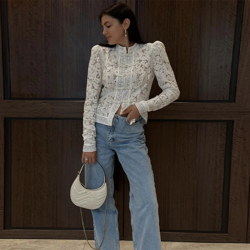 Elegant Embroidered Puff Sleeve Hollow Out Lace Blouse for Women