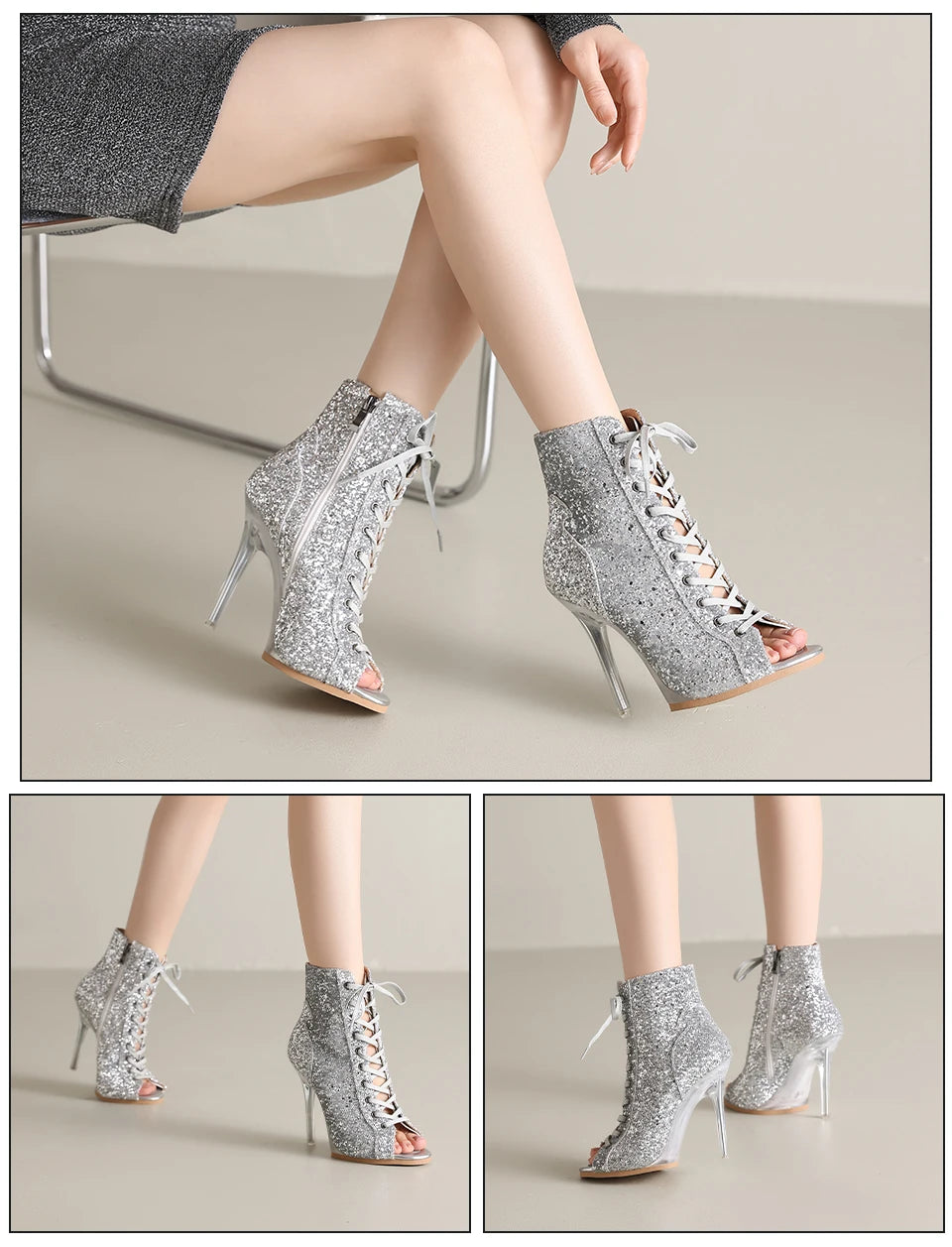 Lace-Up Crystal Heel Ballroom Dance Boots for Women