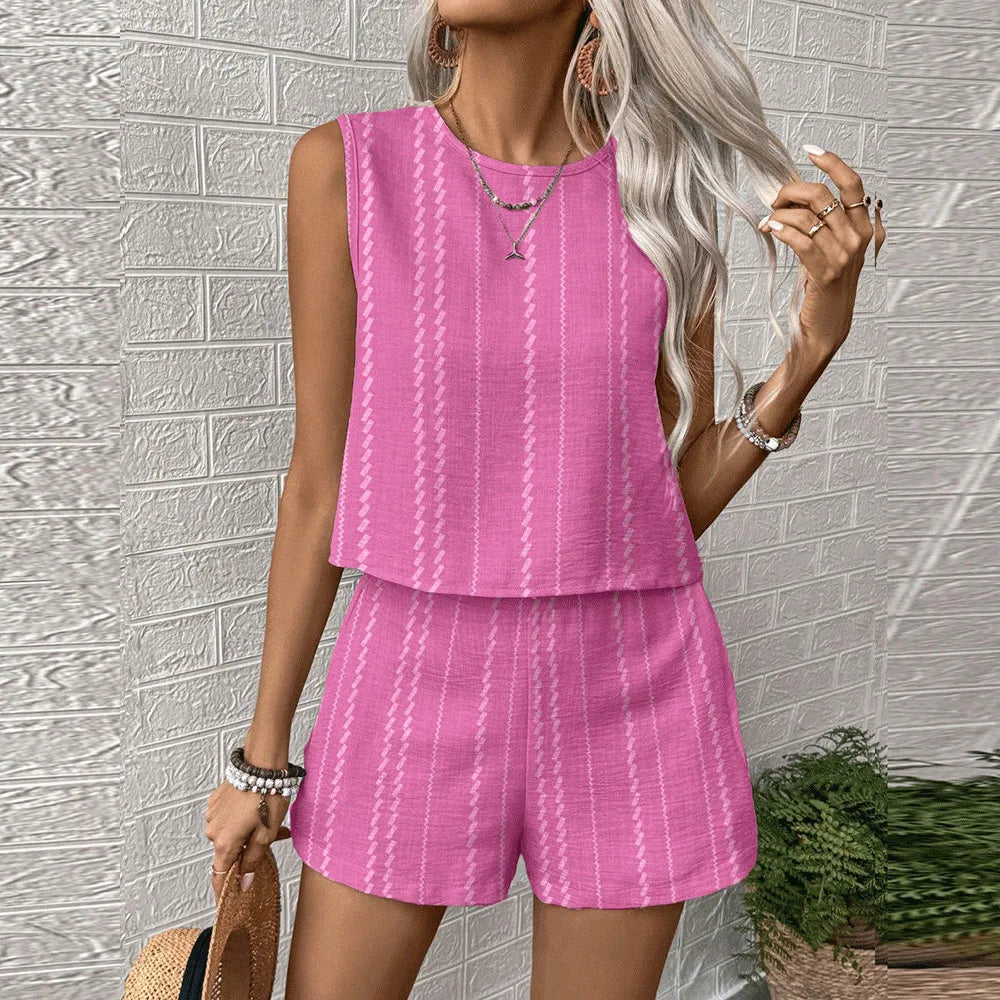 Vertical Striped Crop Top And Shorts Two Piece Set for Women