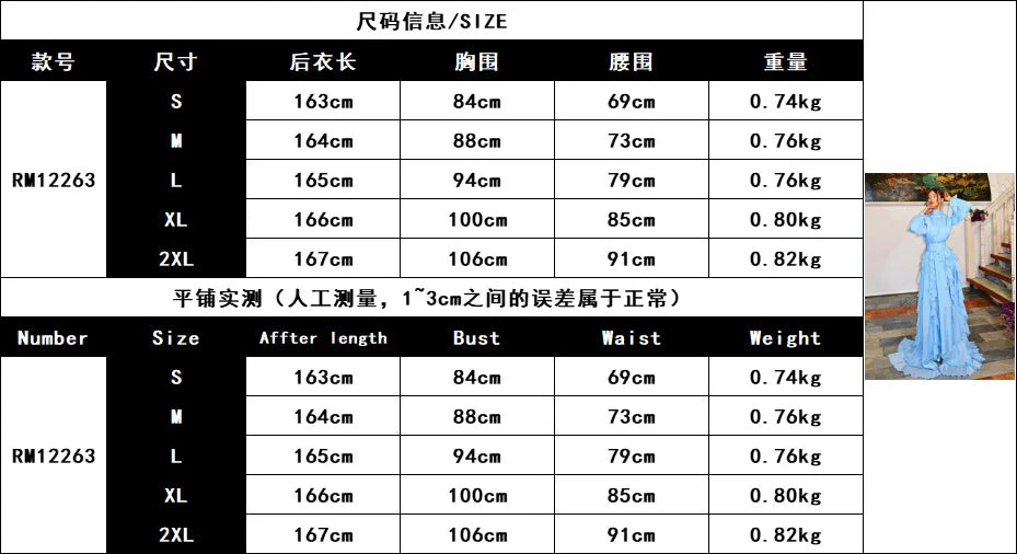 Light Blue Solid Color Long Lantern Sleeve Floor Length Dress for Women