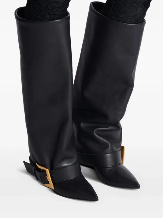 Pointed Toe Buckle Knee Boots