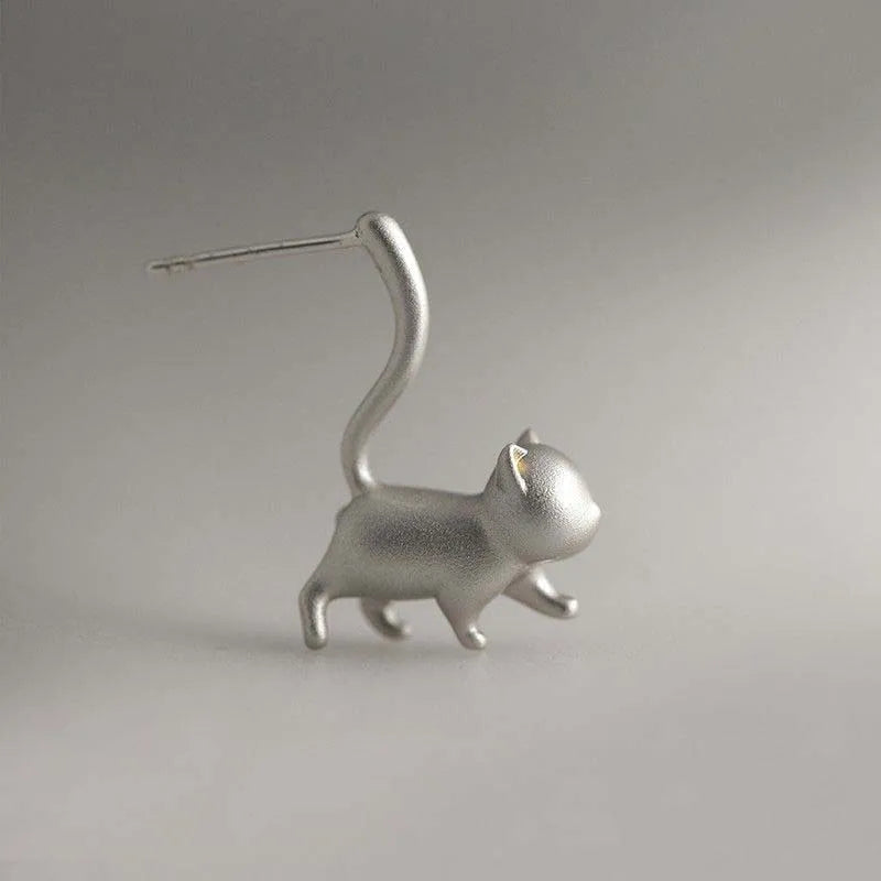 Silver Tone Cat Stud Earrings