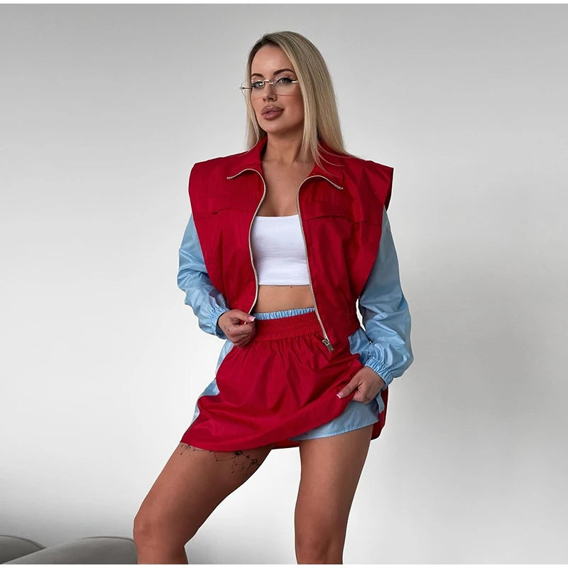 Casual Color Block Long Sleeve Jacket And Mini Skirt Set For Women