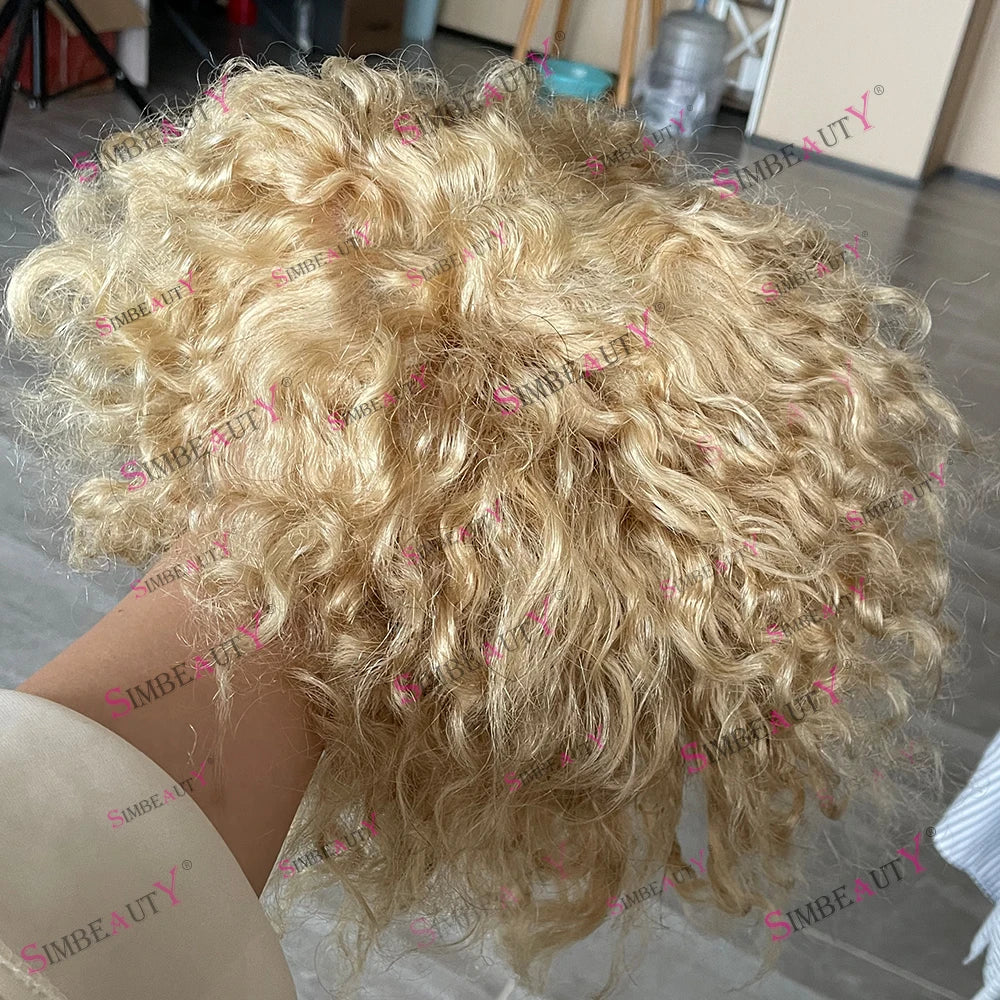 Curly Blonde Human Hair Toupee With Natural Hairline for Women
