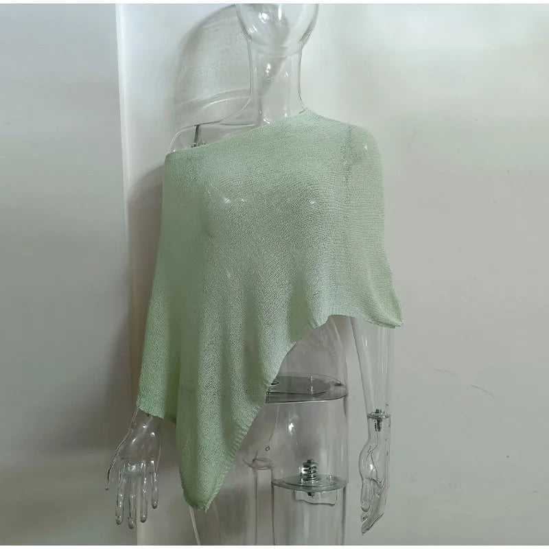 Sheer Knit O Neck Asymmetrical Loose Blouse for Women