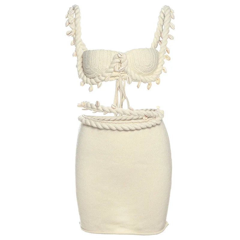 FAGADOER Sexy Knit 2 Piece Sets Woman Outfit Strap Low Neck Camis+Slash Waist Mini Skirts Suits Female Hipster Beach Clothing