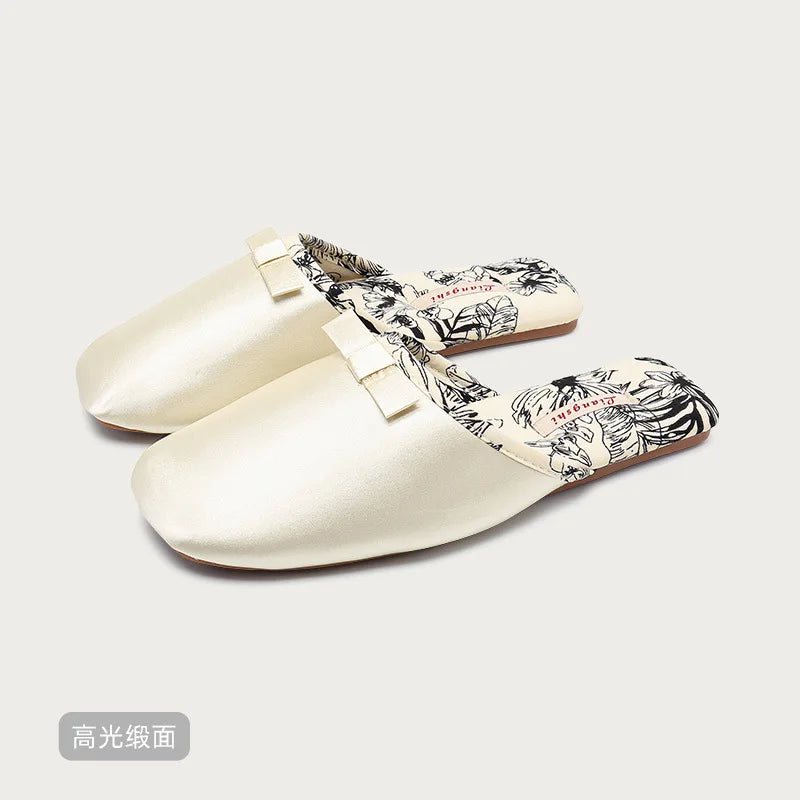 Elegant Silk Print Butterfly Knot Flat Slippers for Women