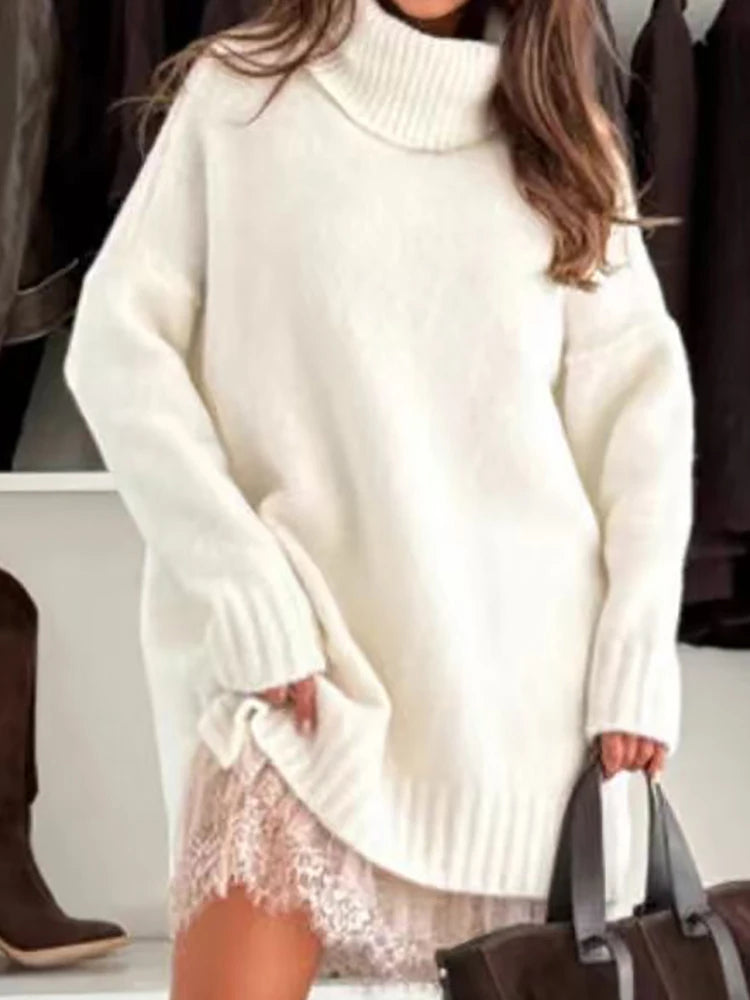 Patchwork Turtleneck Long Sleeve Sweater Mini Dress for Women