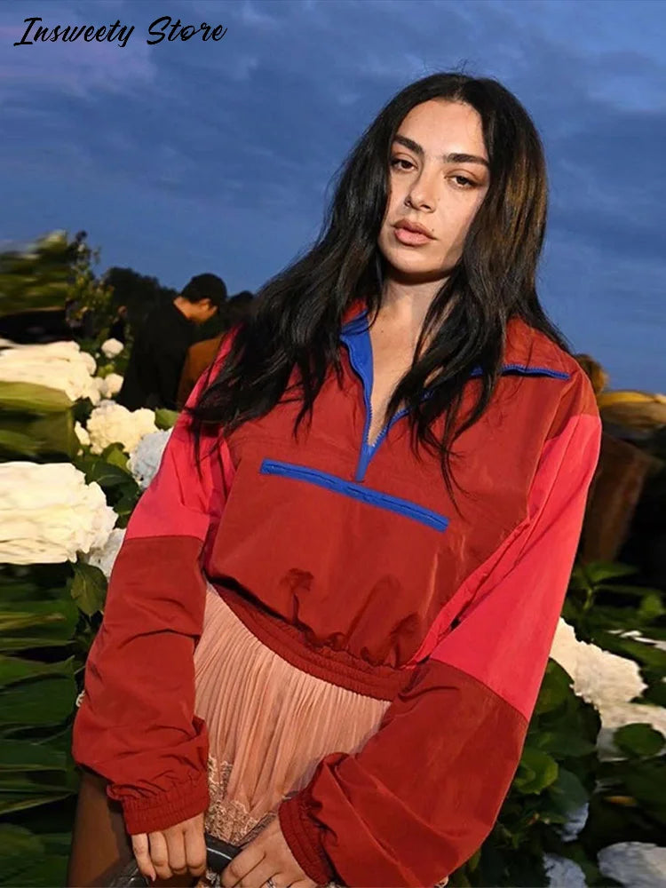 Contrast Half-Zip Stand Collar Short Jacket for Women