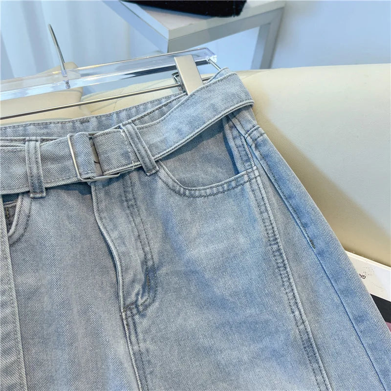 Fashion High Waist  Belt Jeans for Womrn Korean Versatile Loose Light Blue Denim Pants Retro Design Sense Wide Leg Trousers