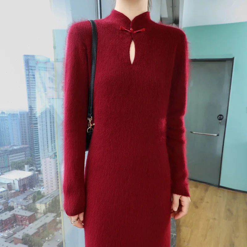 Cashmere Knit Dress with Stand Up Collar and Buckle for Women