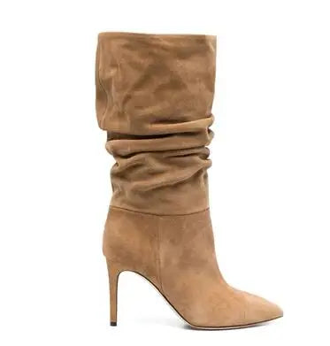 Slip On Pleated Suede Pointed Toe Thin Heel Mid Calf Boots for Women