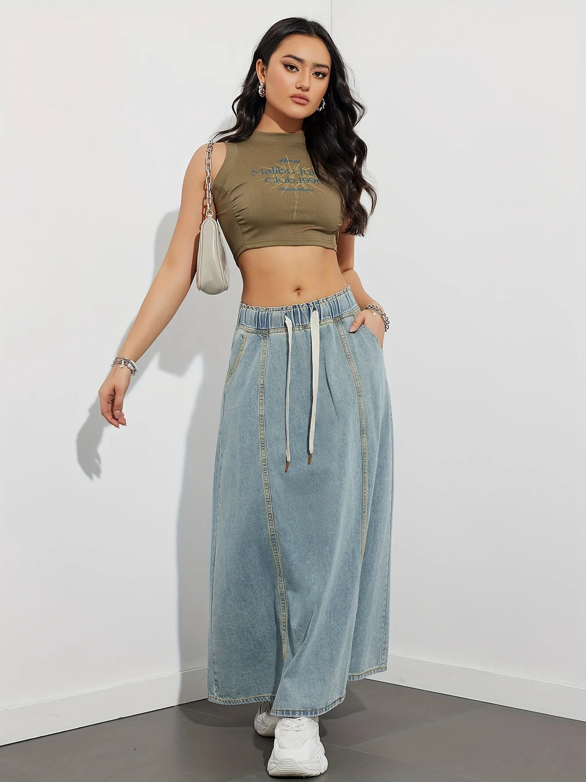Elastic Waist Lace Up Loose Casual Denim Maxi Skirt for Women
