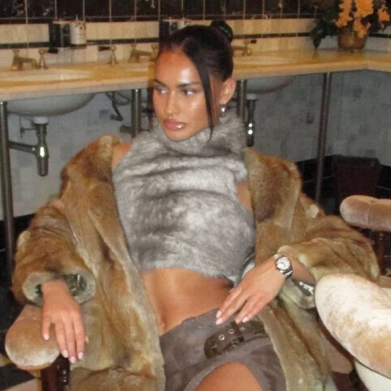 Autumn Fur Patchwork Backless Zipper Crop Top for Women