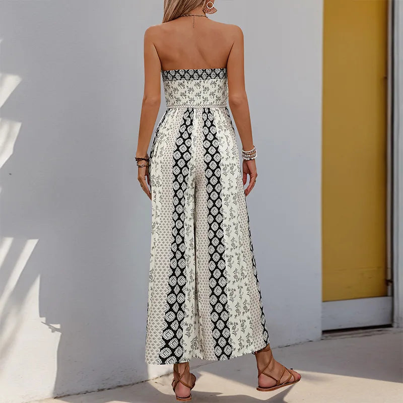 Printed Strapless Tube Top Tie Front Jumpsuit for Women