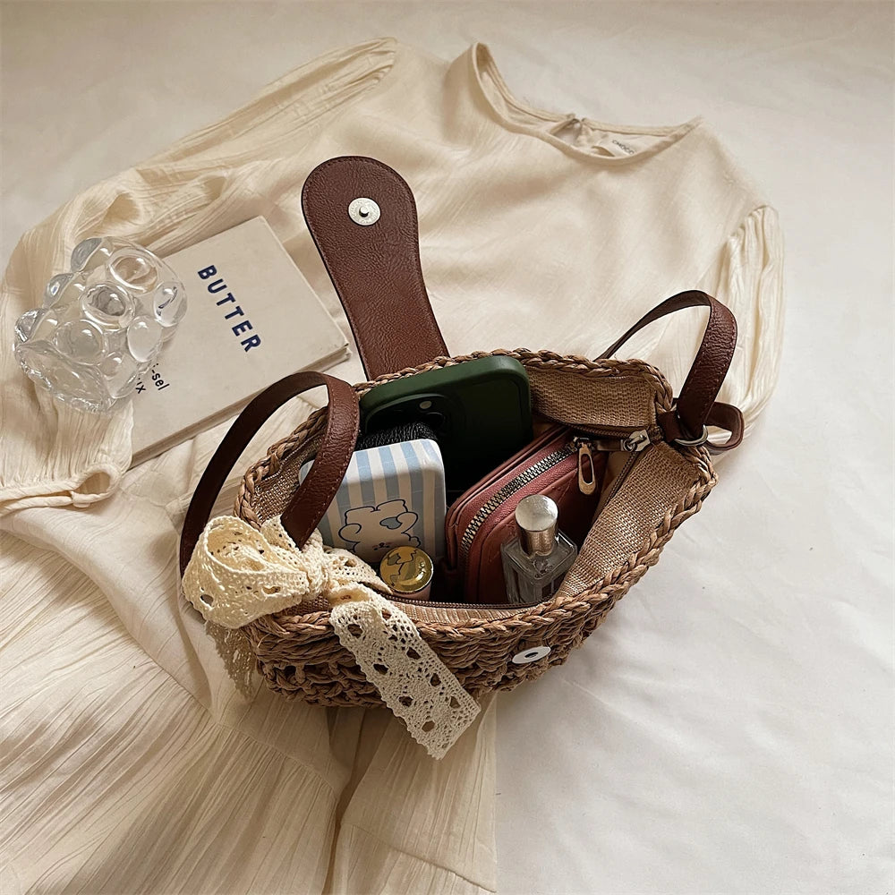 Straw Knitted Shoulder Bag With Bowknot Handmade for Women