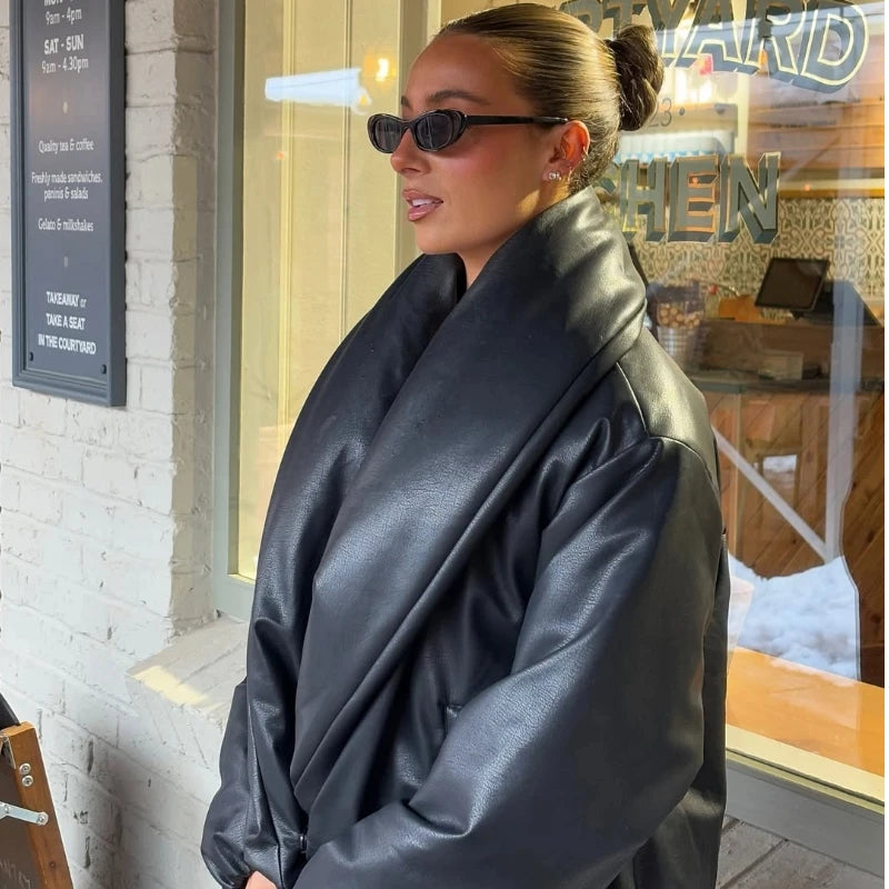 PU Leather Women's Cotton Coat Vintage Laple Full Sleeve Thicken Pockets Female Parka Jackets 2025 Autumn Winter Lady Streetwear