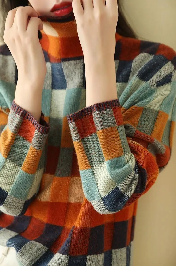 Cozy Thick Knit Turtleneck Sweater With Plaid Pattern For Women