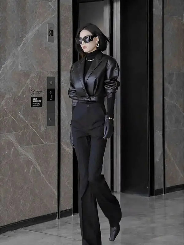 Trendy Faux Leather Blazer And Flared Pants Set For Women