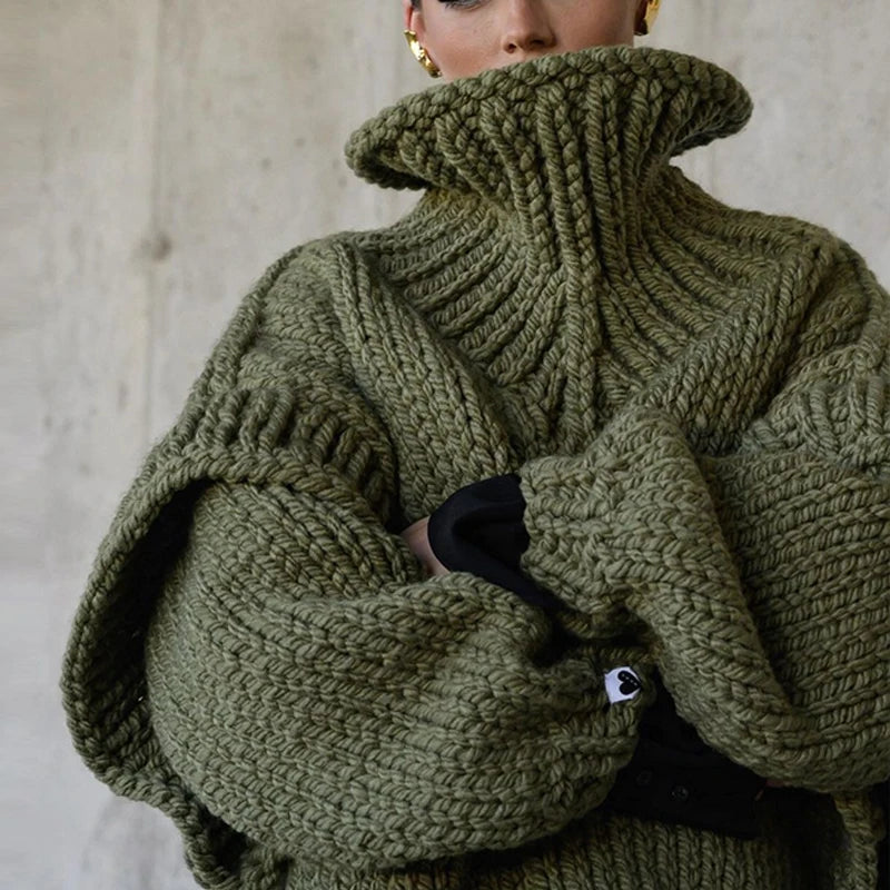 Women Casual Warm Winter Thick Sweater Fall Elegant Turtleneck Solid Knitted Jumper Femme Fashion Long Sleeve Loose Pullover Top