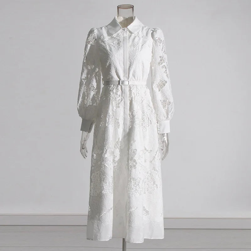 2026 New Spring Autumn Hollow Out Lantern Long Sleeve Women Dresses Elegant Embroidery Single-breasted A-line Casual Shirt Dress