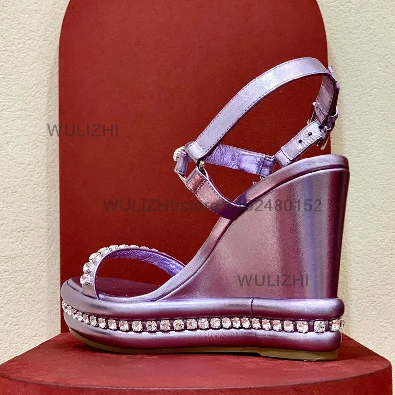 Crystal Border Purple Leather Wedge Platform Shoes for Women