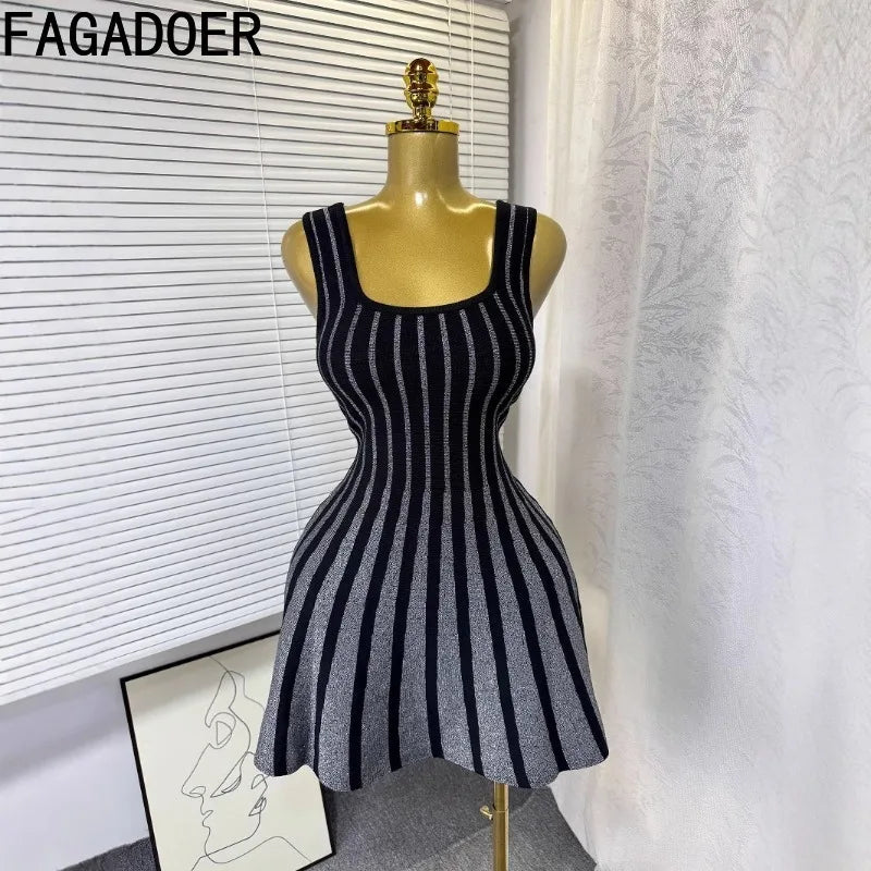 FAGADOER Summer Fashion Knit Bodycon Mini Dresses Women Square Collar Sleeveless Backless High Waist Dress Female Office Vestido