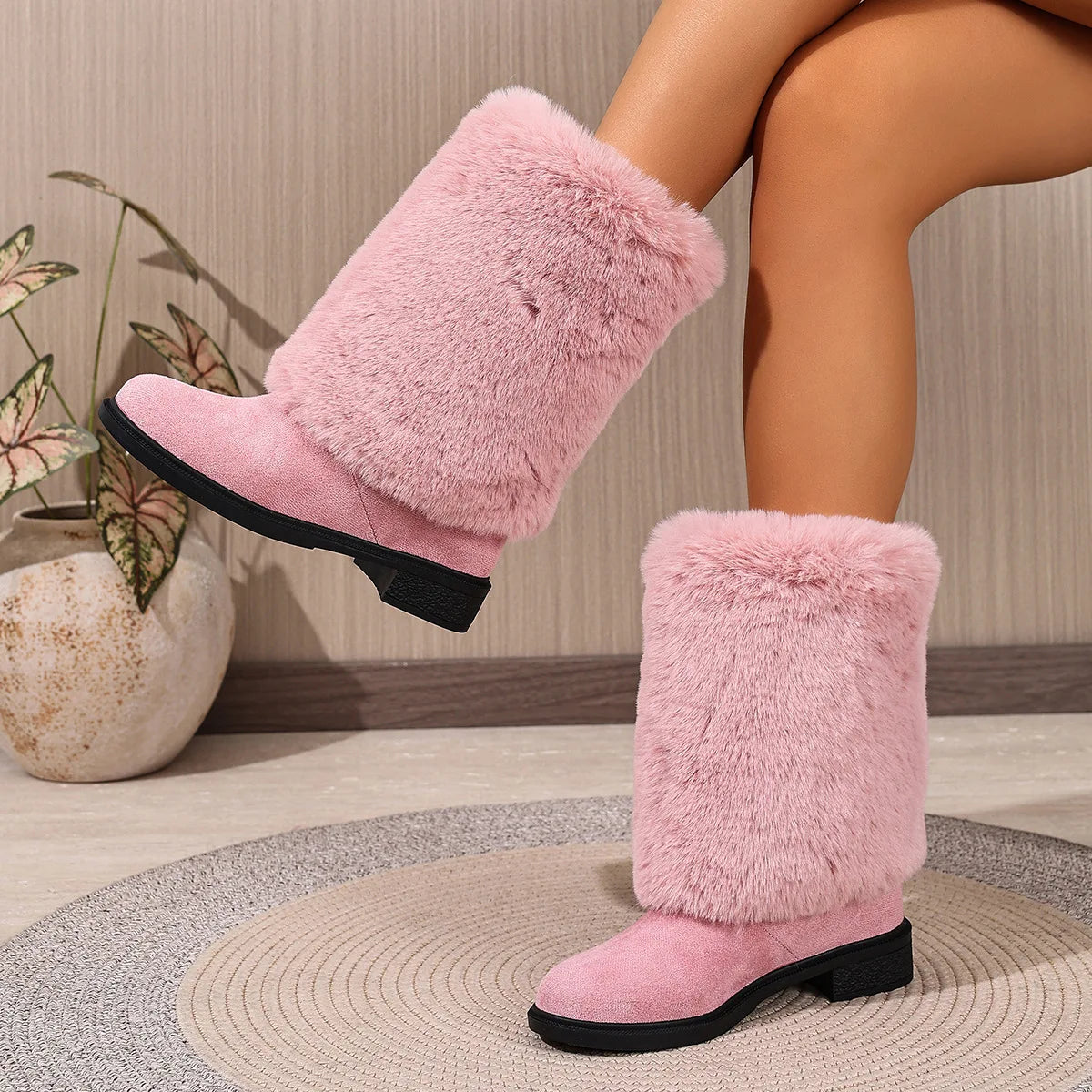 Plush Faux Fur Slip On Mid Calf Winter Snow Boots For Women