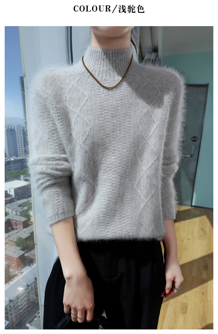 Floral Jacquard Long Sleeve High Neck Knit Sweater for Women