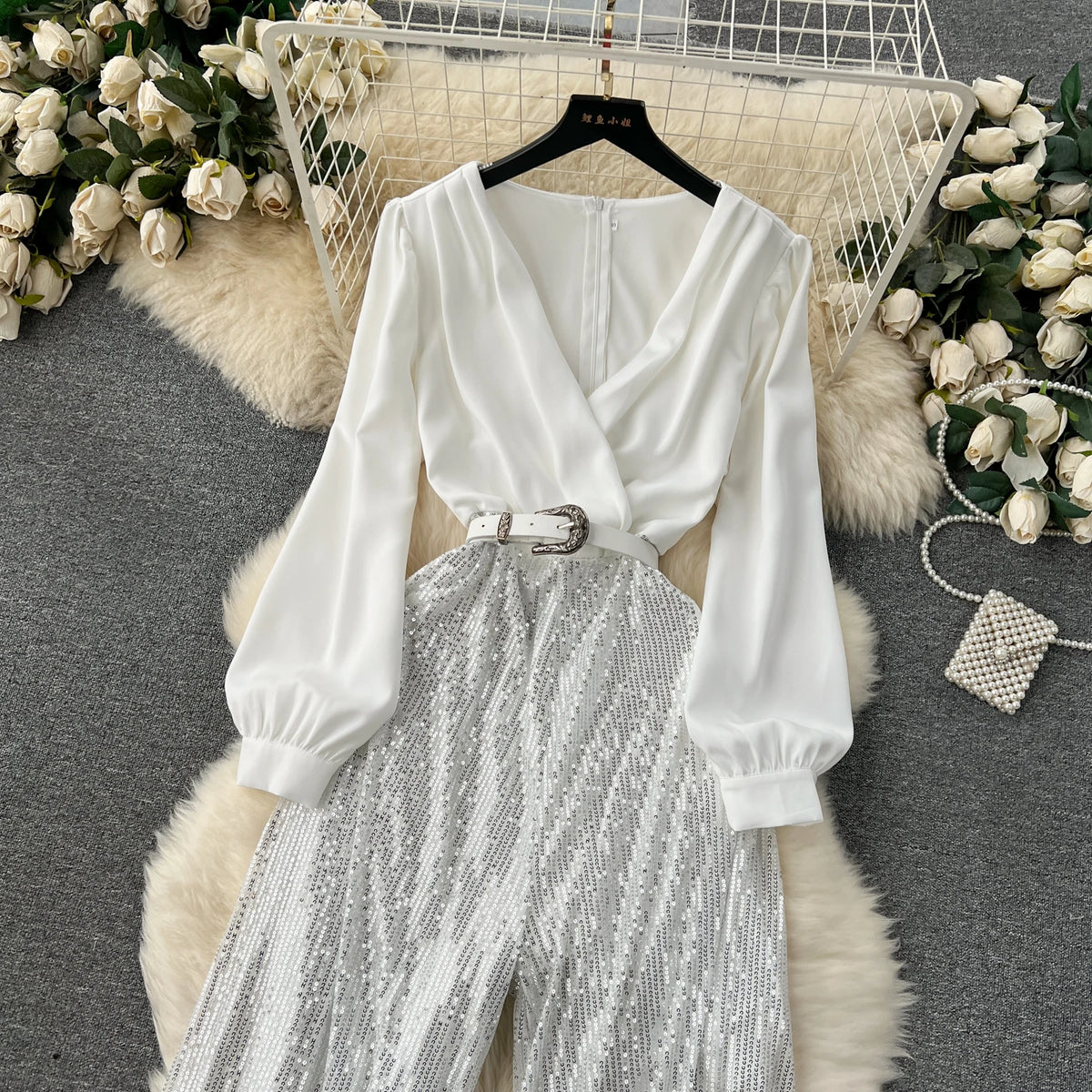 Sequined Patchwork V Neck Wide Leg Jumpsuit for Women