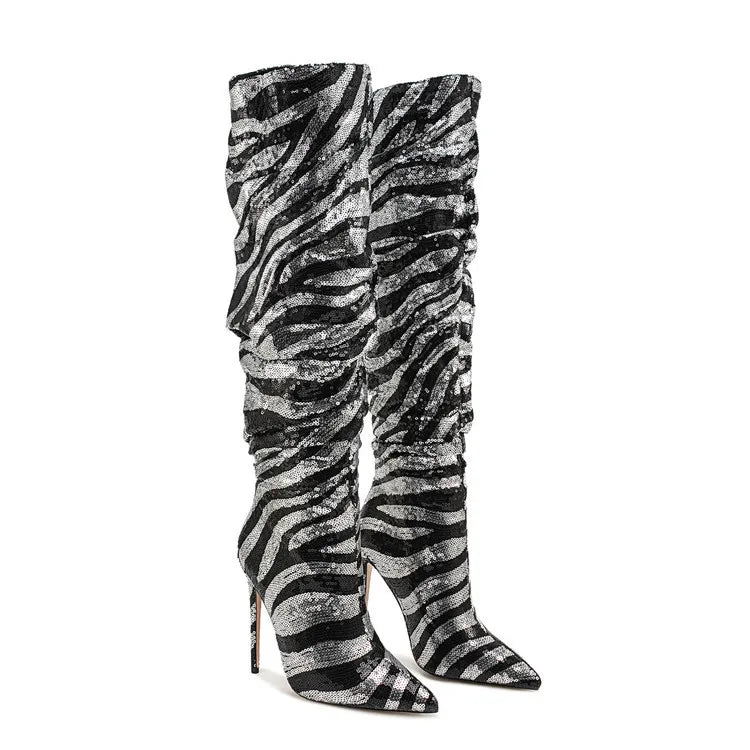 Sequined Pointed Toe Knee High Heeled Boots for Women