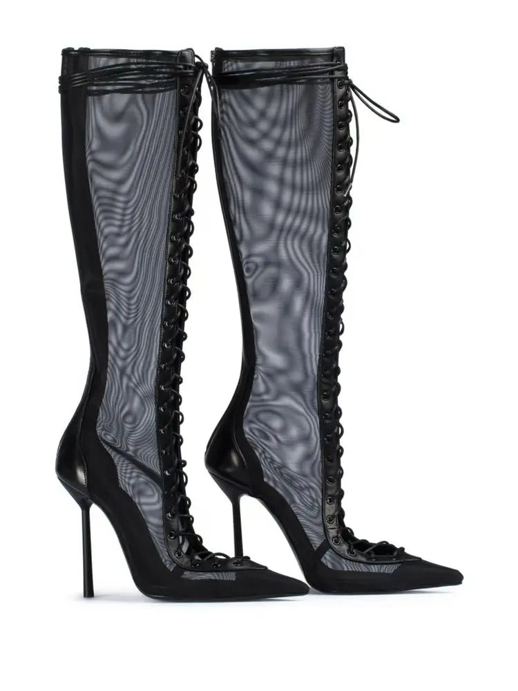 Lace Up Knee High Heeled Boots With Side Zipper for Women