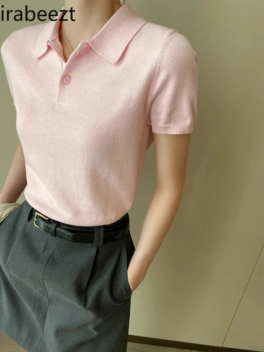 Casual Slim Fit Pink Breathable Knit Polo Top For Women