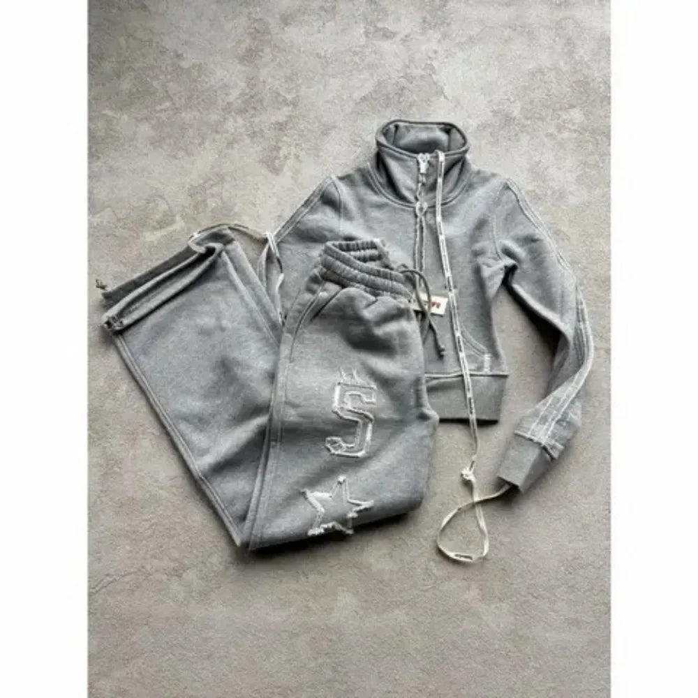 Letter Embroidery Zip Hoodie Set