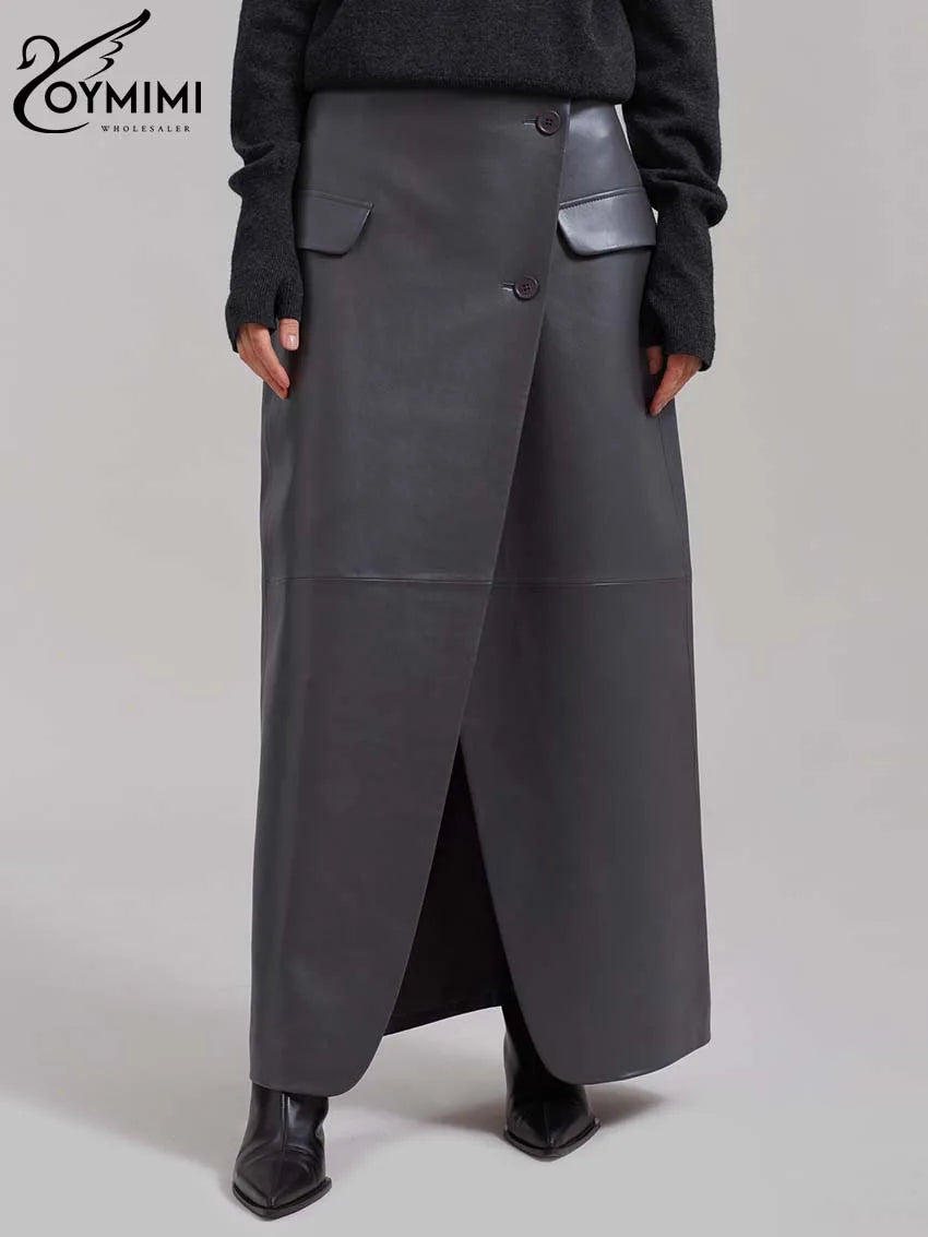 Oymimi Casual Black Pu Leather Skirts For Woman Elegant Button High Waisted Skirts Fashion Pockets Straight Skirt Streetwear