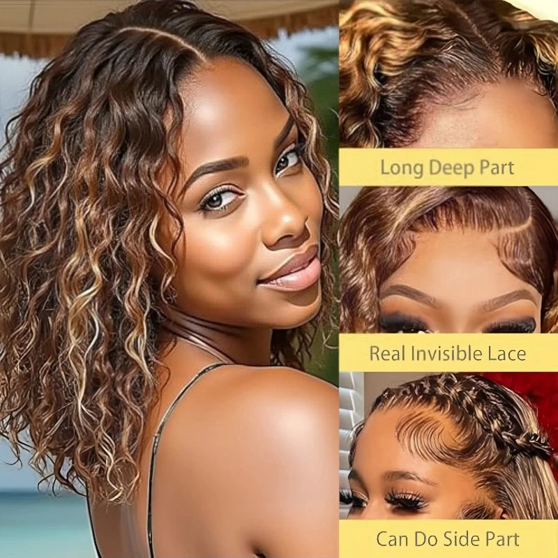 Ombre Deep Wave Bob Human Hair Lace Front Wig for Women
