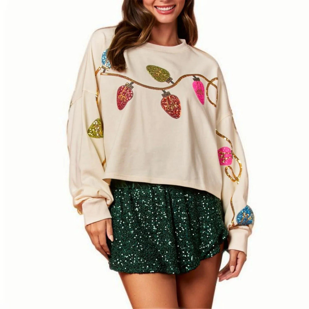 Christmas Sequin Long Sleeve Pullover Sweatshirt for Women