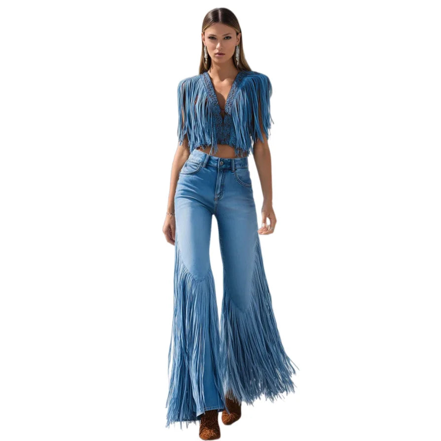 Dark Blue Loose Asymmetrical Tassel Denim Jeans For Women
