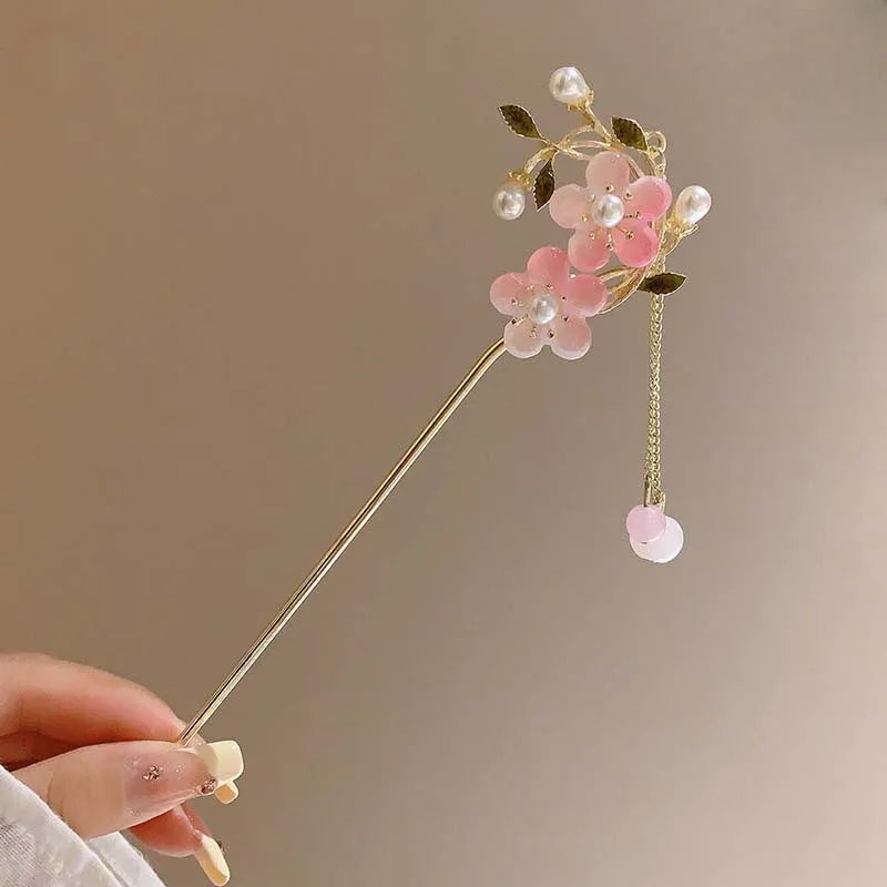 Floral Crystal Tassel Hair Sticks