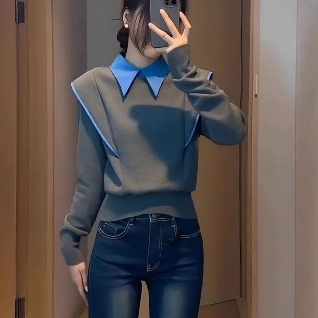 Simulated Two Piece Contrast Patchwork Long Sleeve Shirt for Women