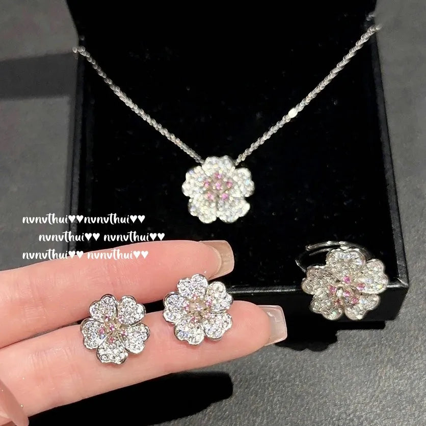 Cherry Blossom Zircon Jewelry Set With Ring Necklace And Earrings for Women