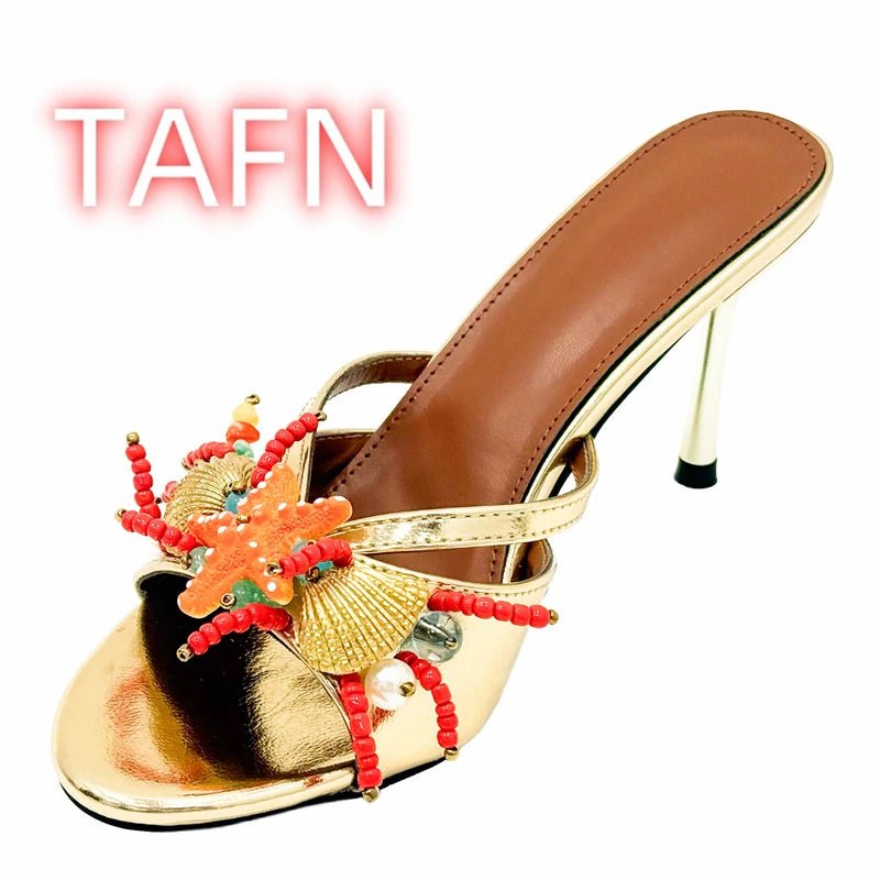 Shell Embellished Starfish Tassels Lace Up Sandals for Women