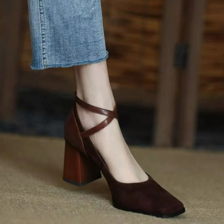 Block Heel Suede Paneled Vintage Mary Janes with Cross Strap for Women