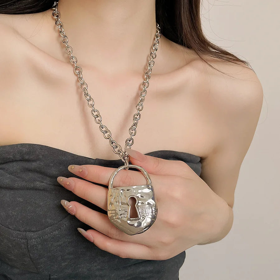Textured Lock Pendant Necklace