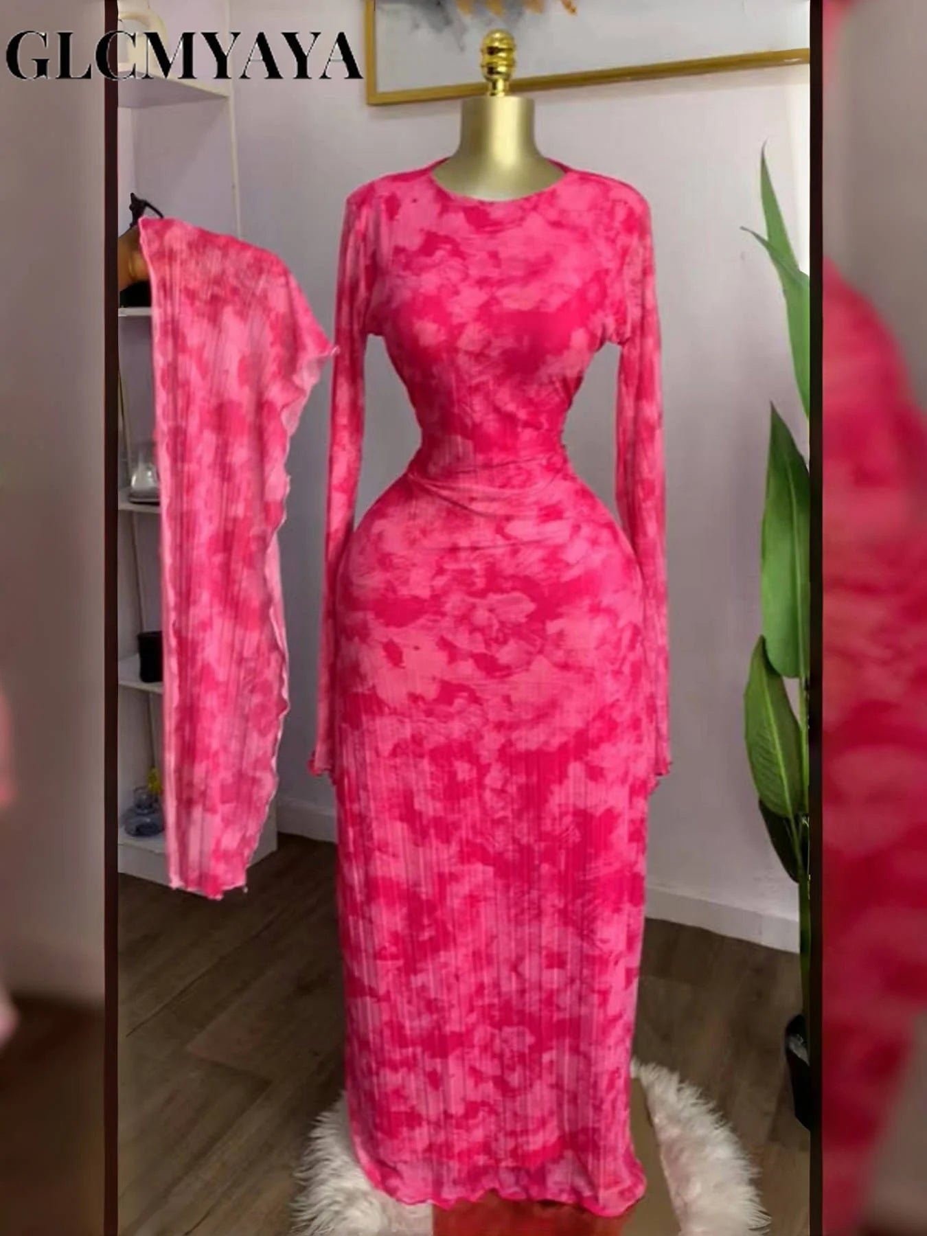 CM.YAYA Women Tie Dye Lace Up Back with Scarf Bodycon Midi Long Sleeve Pleated Maxi Dress Party Education Vacation Long Dresses