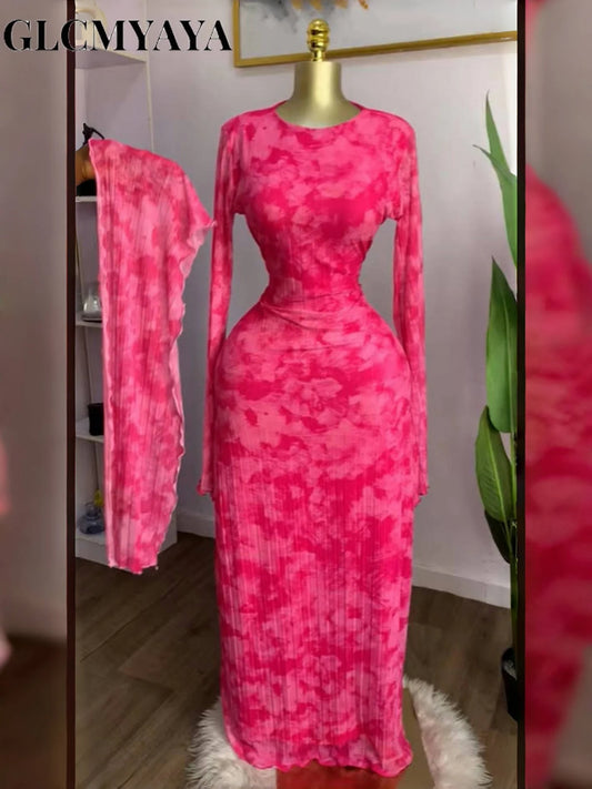 CM.YAYA Women Tie Dye Lace Up Back with Scarf Bodycon Midi Long Sleeve Pleated Maxi Dress Party Education Vacation Long Dresses