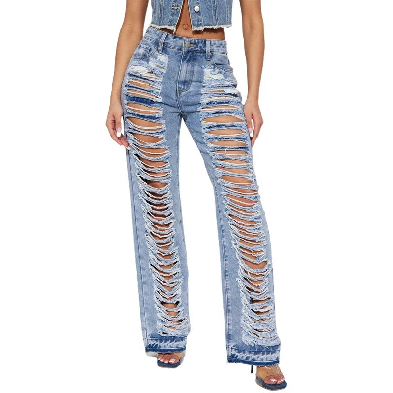 High Waist Ripped Straight Leg Summer Jeans for Women