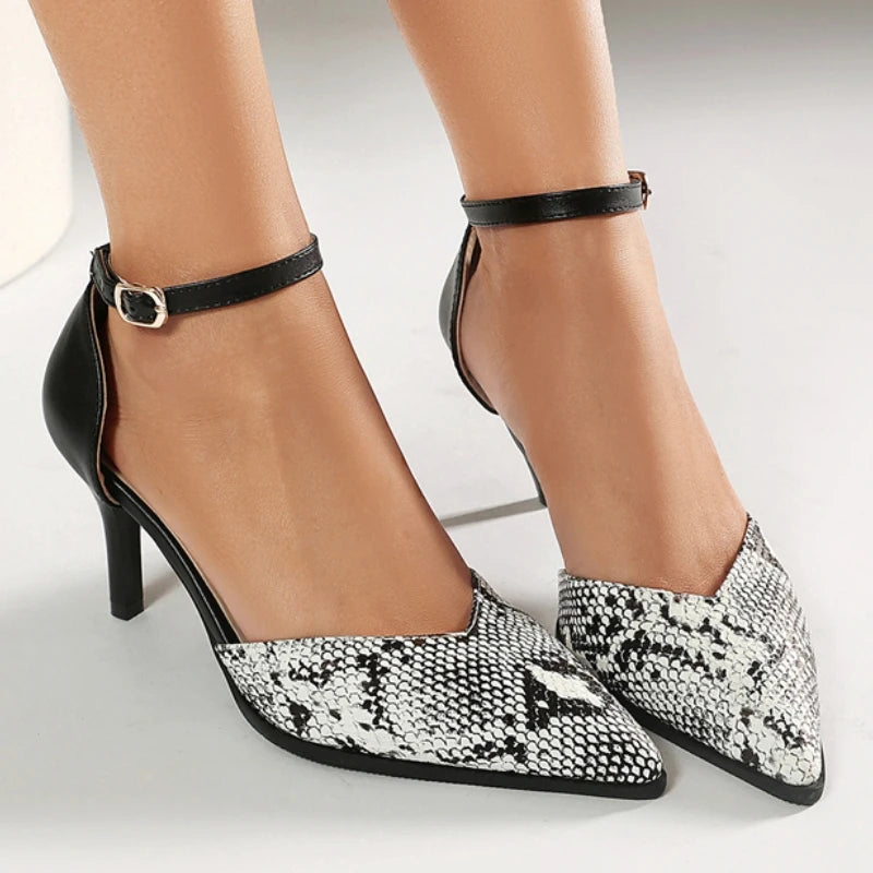 Snake Print Ankle Strap Pumps
